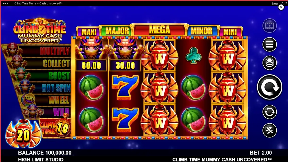 Tampilan visual slot Climb Time Mummy Cash Uncovered dengan latar belakang malam Mesir