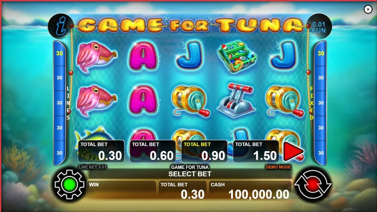 Tampilan visual slot Game For Tuna dengan latar belakang laut dalam dan simbol ikan tuna.