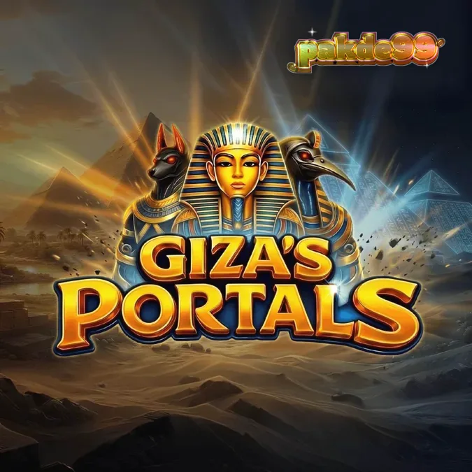 Pemandangan kuil kuno dan piramida dalam permainan slot Giza’s Portals